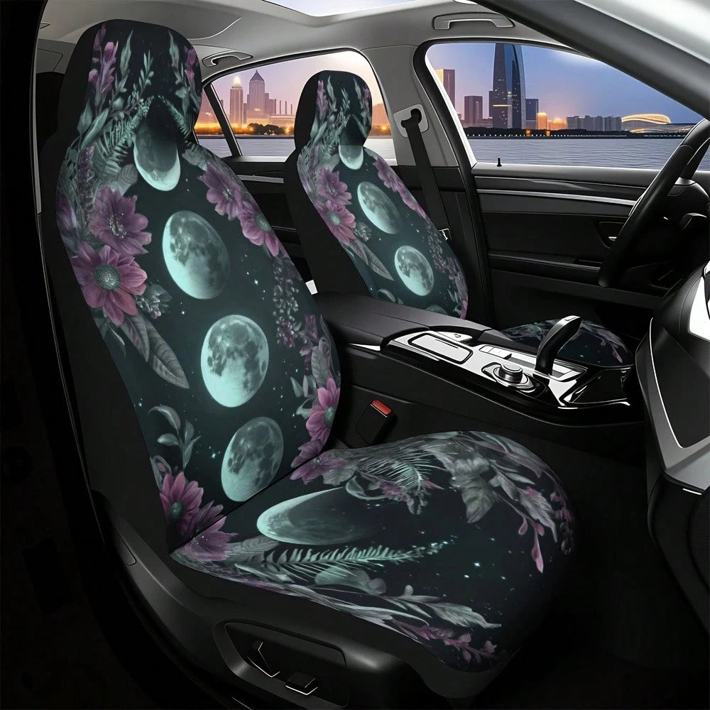 1/ 2 Pcs Moon Phase Floral Print Car Seat Covers, Breathable & Comfortable, Easy To Install & Clean, All-Around Seat Protection, Compatible With Most Vehicle Models, Celestial Boho Style, Automotive