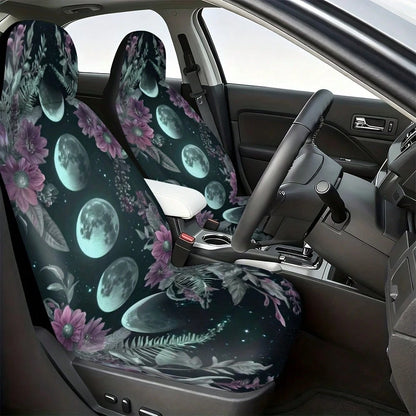 1/ 2 Pcs Moon Phase Floral Print Car Seat Covers, Breathable & Comfortable, Easy To Install & Clean, All-Around Seat Protection, Compatible With Most Vehicle Models, Celestial Boho Style, Automotive