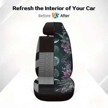 1/ 2 Pcs Moon Phase Floral Print Car Seat Covers, Breathable & Comfortable, Easy To Install & Clean, All-Around Seat Protection, Compatible With Most Vehicle Models, Celestial Boho Style, Automotive