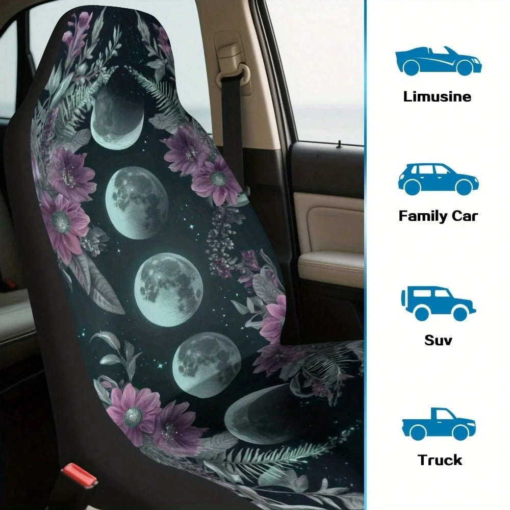 1/ 2 Pcs Moon Phase Floral Print Car Seat Covers, Breathable & Comfortable, Easy To Install & Clean, All-Around Seat Protection, Compatible With Most Vehicle Models, Celestial Boho Style, Automotive