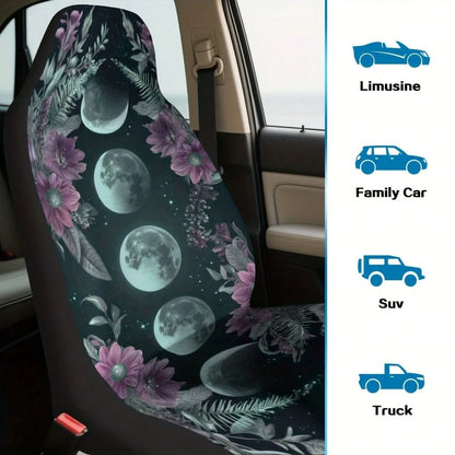1/ 2 Pcs Moon Phase Floral Print Car Seat Covers, Breathable & Comfortable, Easy To Install & Clean, All-Around Seat Protection, Compatible With Most Vehicle Models, Celestial Boho Style, Automotive
