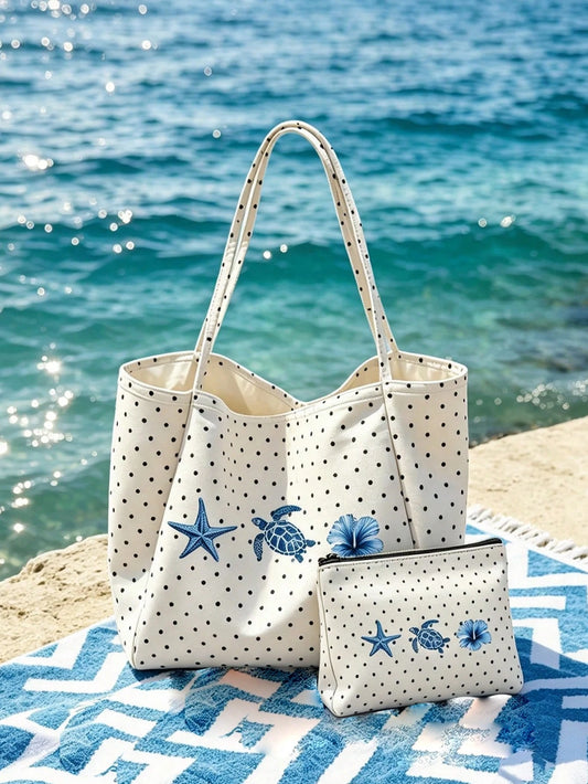 1/2pcs Polka Dot Tote Bag & Cosmetic Bag, Printed Beach Pattern, Suitable For Vacation, Commuting, Shopping, Gift For Family And Friends