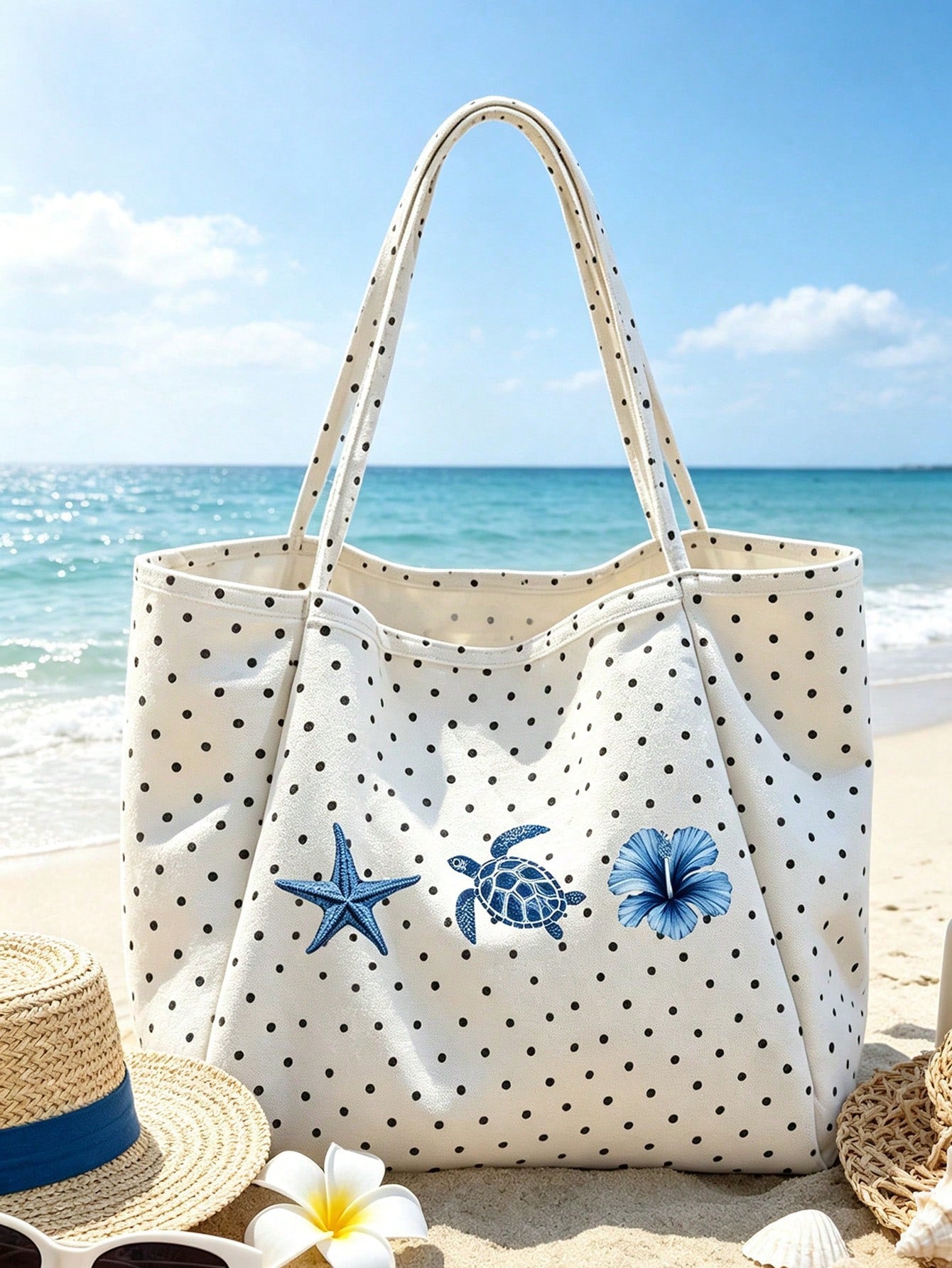 1/2pcs Polka Dot Tote Bag & Cosmetic Bag, Printed Beach Pattern, Suitable For Vacation, Commuting, Shopping, Gift For Family And Friends