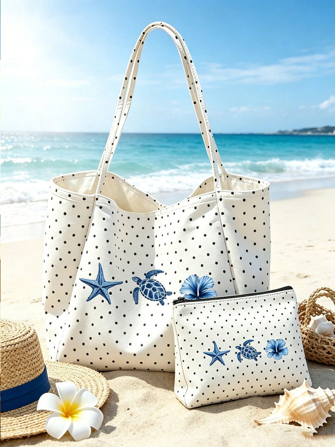 1/2pcs Polka Dot Tote Bag & Cosmetic Bag, Printed Beach Pattern, Suitable For Vacation, Commuting, Shopping, Gift For Family And Friends