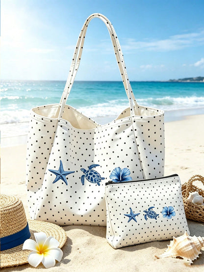 1/2pcs Polka Dot Tote Bag & Cosmetic Bag, Printed Beach Pattern, Suitable For Vacation, Commuting, Shopping, Gift For Family And Friends