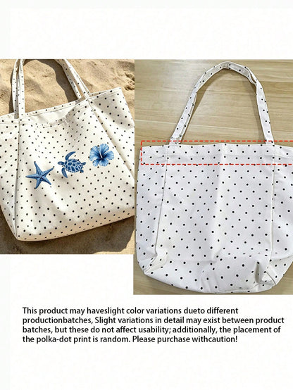 1/2pcs Polka Dot Tote Bag & Cosmetic Bag, Printed Beach Pattern, Suitable For Vacation, Commuting, Shopping, Gift For Family And Friends