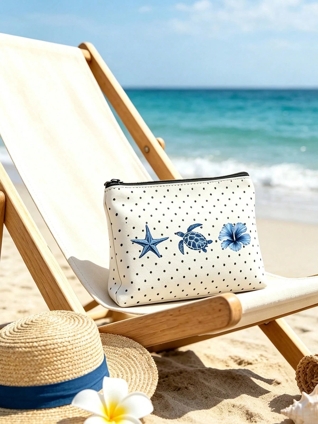 1/2pcs Polka Dot Tote Bag & Cosmetic Bag, Printed Beach Pattern, Suitable For Vacation, Commuting, Shopping, Gift For Family And Friends