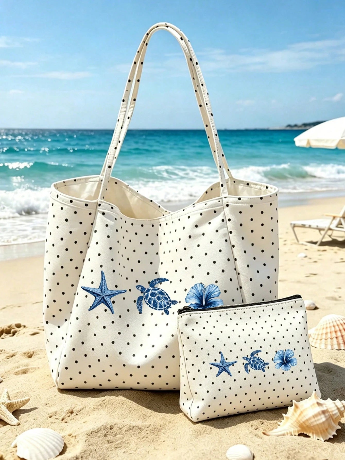 1/2pcs Polka Dot Tote Bag & Cosmetic Bag, Printed Beach Pattern, Suitable For Vacation, Commuting, Shopping, Gift For Family And Friends