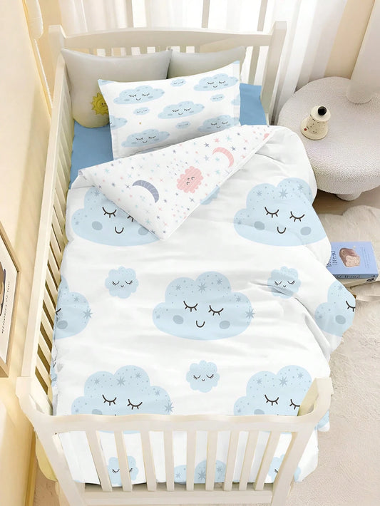 1/2pcs Set Reversible Cute Blue Cloud Baby Bedding Set- Soft Hypoallergenic Baby Crib Sheet & Duvet Cover Set With Smiling Face And Star Pattern, Essential For Children