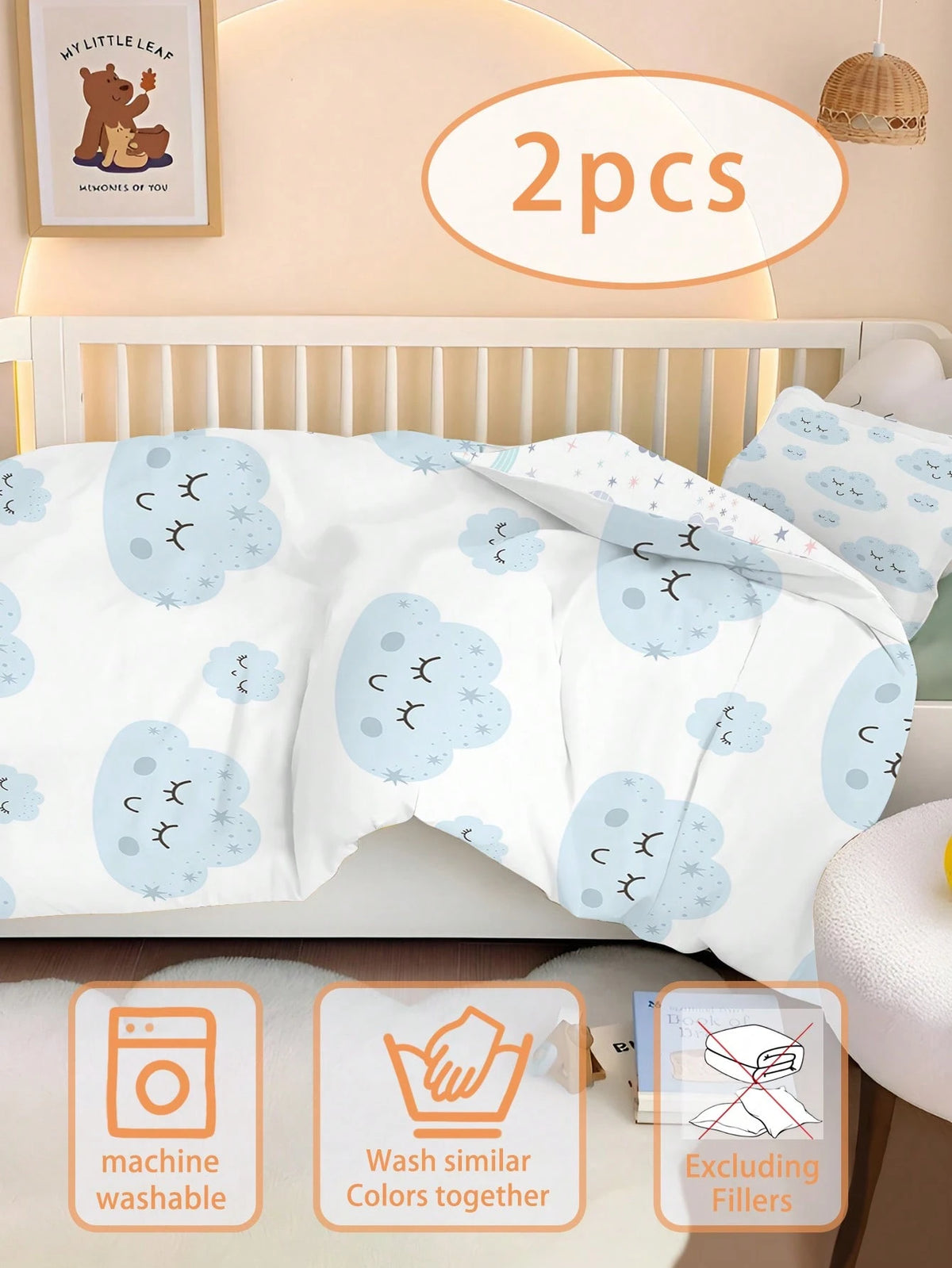 1/2pcs Set Reversible Cute Blue Cloud Baby Bedding Set- Soft Hypoallergenic Baby Crib Sheet & Duvet Cover Set With Smiling Face And Star Pattern, Essential For Children