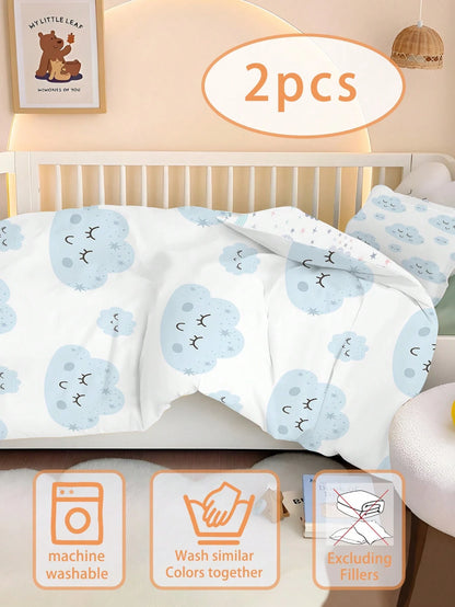 1/2pcs Set Reversible Cute Blue Cloud Baby Bedding Set- Soft Hypoallergenic Baby Crib Sheet & Duvet Cover Set With Smiling Face And Star Pattern, Essential For Children