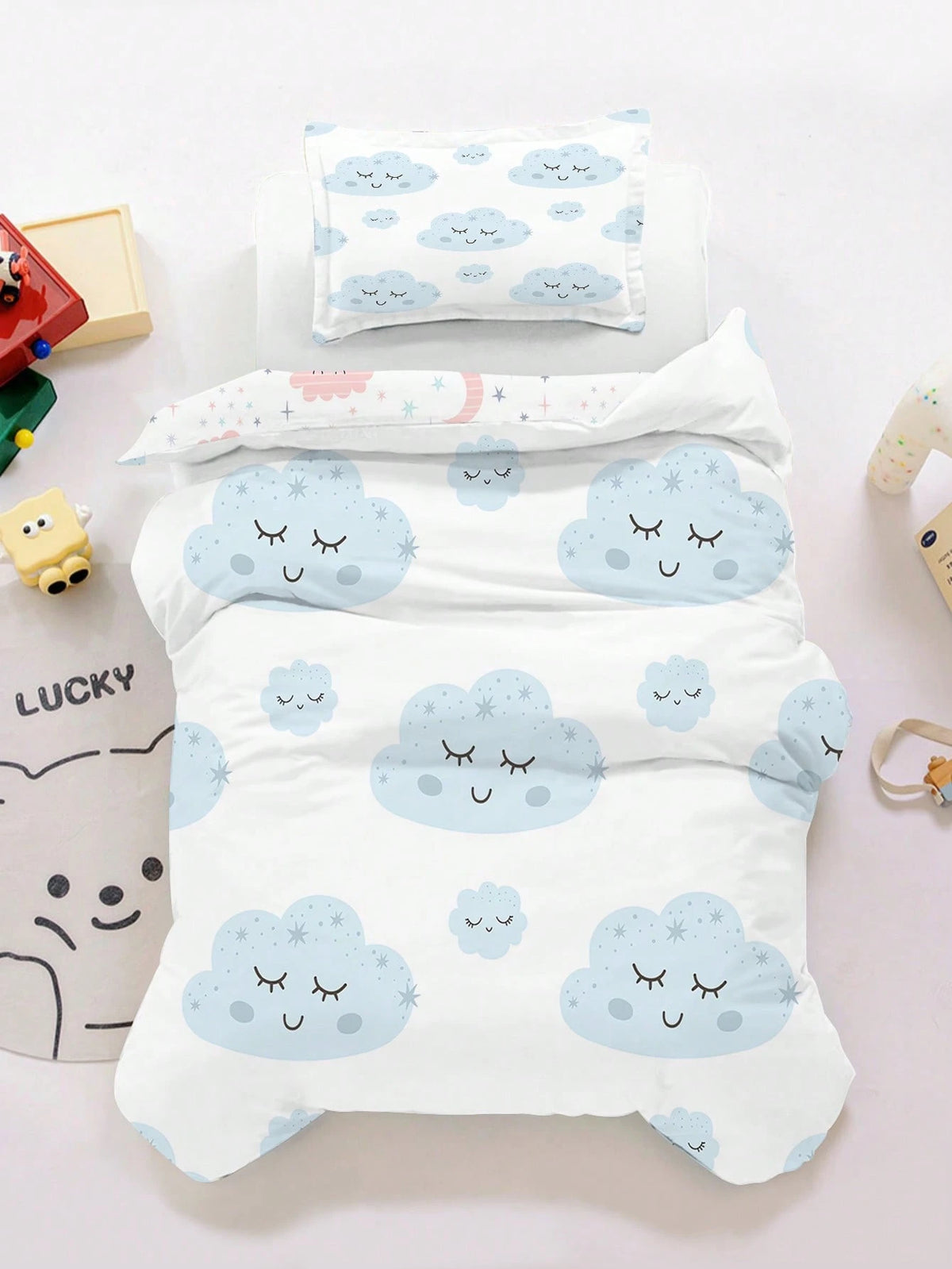 1/2pcs Set Reversible Cute Blue Cloud Baby Bedding Set- Soft Hypoallergenic Baby Crib Sheet & Duvet Cover Set With Smiling Face And Star Pattern, Essential For Children