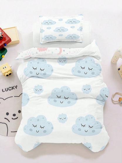 1/2pcs Set Reversible Cute Blue Cloud Baby Bedding Set- Soft Hypoallergenic Baby Crib Sheet & Duvet Cover Set With Smiling Face And Star Pattern, Essential For Children