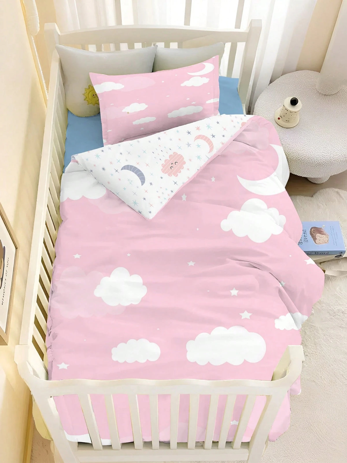 1/2pcs Set Reversible Cute Blue Cloud Baby Bedding Set- Soft Hypoallergenic Baby Crib Sheet & Duvet Cover Set With Smiling Face And Star Pattern, Essential For Children