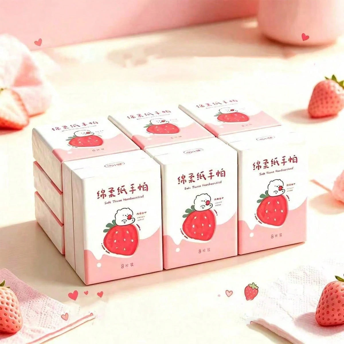 1/3/9/18/36 Pack New Strawberry Patterned Handkerchief Tissue, Mini Bag 3-Layer 8-Piece Handkerchief Tissue, Portable Small Bag Tissue, Student Pocket Tissue, Essential For Returning To School