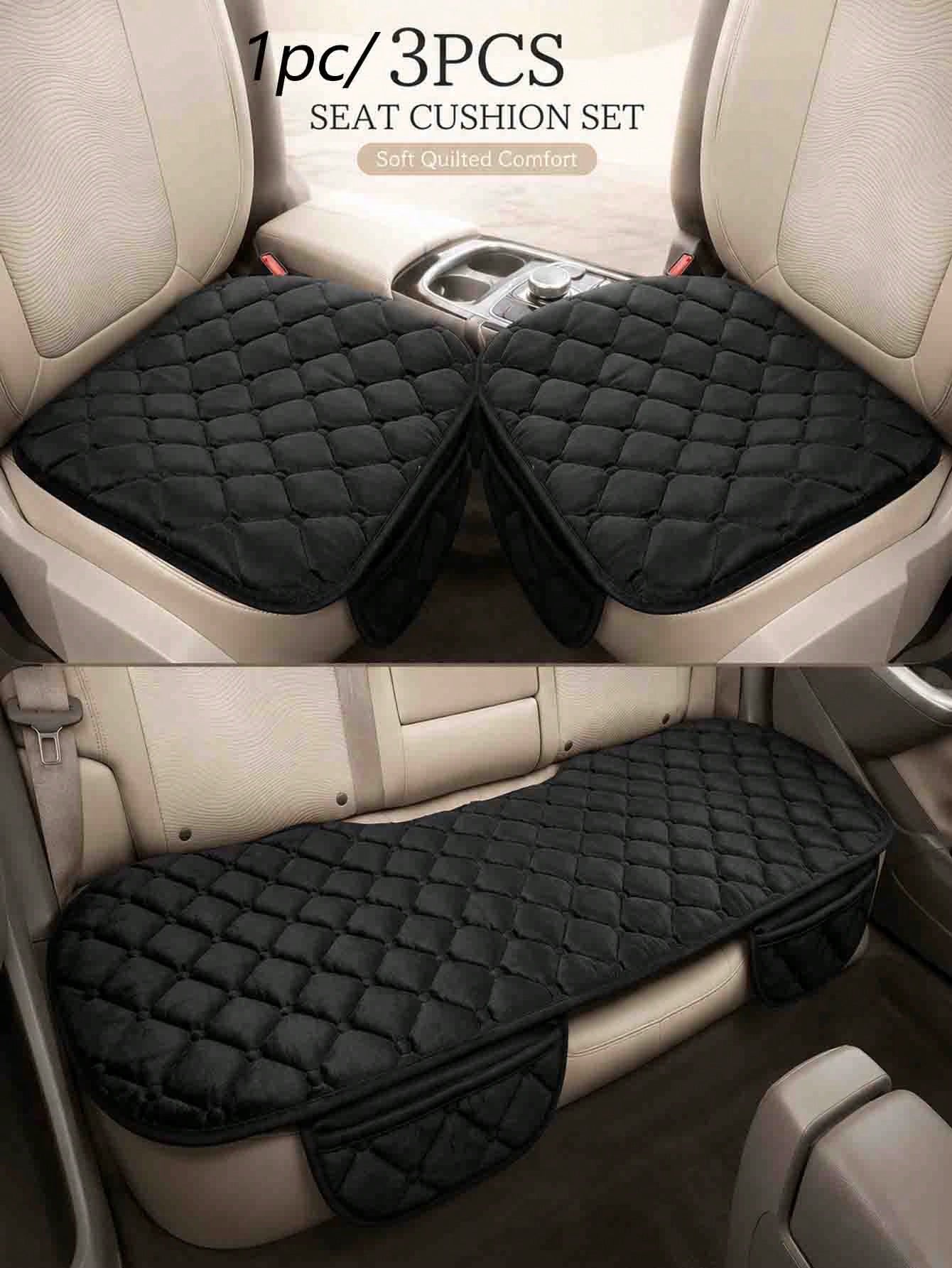 1/3pcs 21.06*24.80 Inch Universal Car Seat Cushion, Thickened Quilted Short Plush Polyester Fiber Seat Pad, Pure Black Diamond Grid Design, Non-Slip Silicone Particles Bottom With Side Storage Pocket
