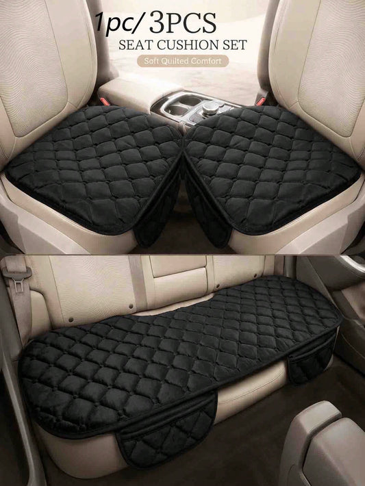 1/3pcs 21.06*24.80 Inch Universal Car Seat Cushion, Thickened Quilted Short Plush Polyester Fiber Seat Pad, Pure Black Diamond Grid Design, Non-Slip Silicone Particles Bottom With Side Storage Pocket