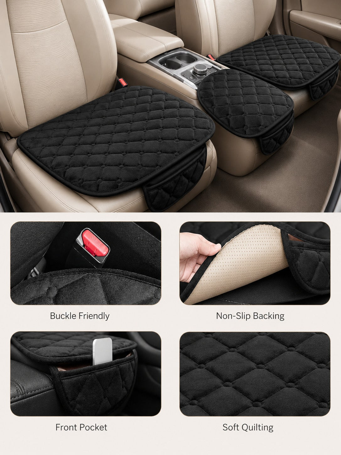 1/3pcs 21.06*24.80 Inch Universal Car Seat Cushion, Thickened Quilted Short Plush Polyester Fiber Seat Pad, Pure Black Diamond Grid Design, Non-Slip Silicone Particles Bottom With Side Storage Pocket