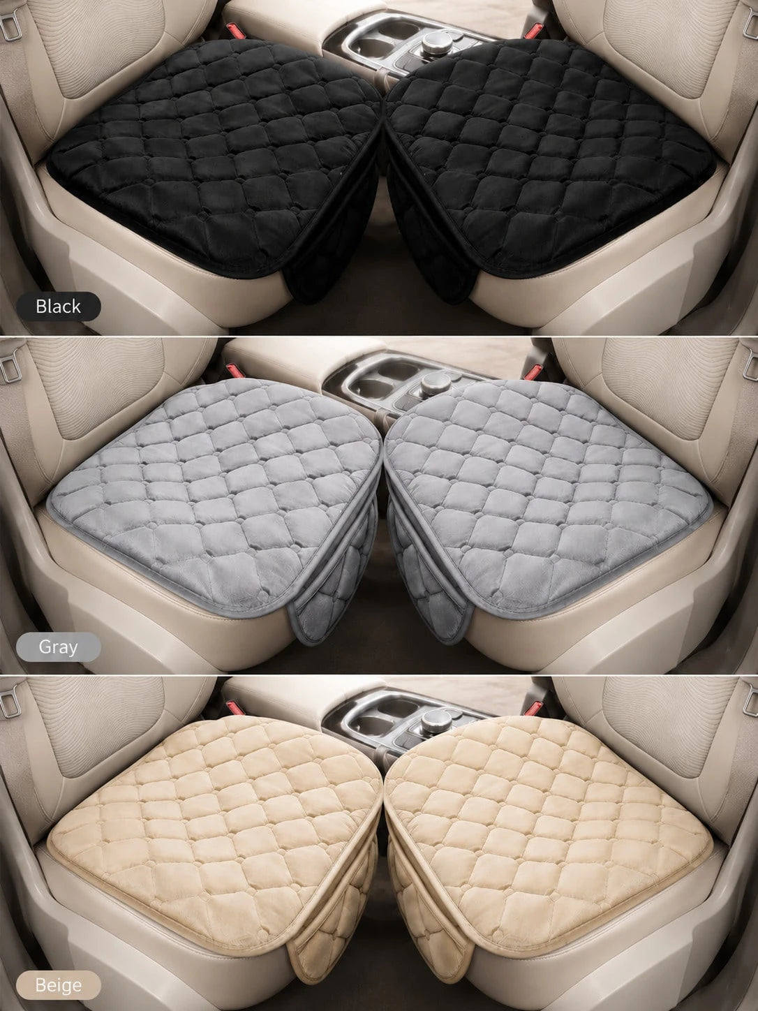 1/3pcs 21.06*24.80 Inch Universal Car Seat Cushion, Thickened Quilted Short Plush Polyester Fiber Seat Pad, Pure Black Diamond Grid Design, Non-Slip Silicone Particles Bottom With Side Storage Pocket