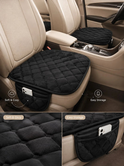 1/3pcs 21.06*24.80 Inch Universal Car Seat Cushion, Thickened Quilted Short Plush Polyester Fiber Seat Pad, Pure Black Diamond Grid Design, Non-Slip Silicone Particles Bottom With Side Storage Pocket
