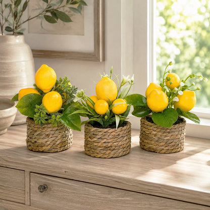 1-3pcs Artificial Lemon Potted Plants, With Pot, Made Of PE Material, 3 Styles Available. Widely Used For: Desktop Decor, School Dorm And Office Decor, Party, Event, Holiday And Birthday Decoration. A
