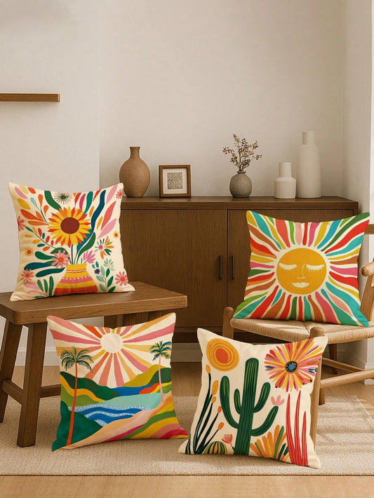 1/4pcs Floral Sunrise Cactus Throw Pillow Covers Bohemian Abstract Yellow Green Blue Pillowcases One Sided Printing Velvet For Living Room Bedroom Sofa Bed Decor Without Pillow Inserts,Fall Decor,Autu