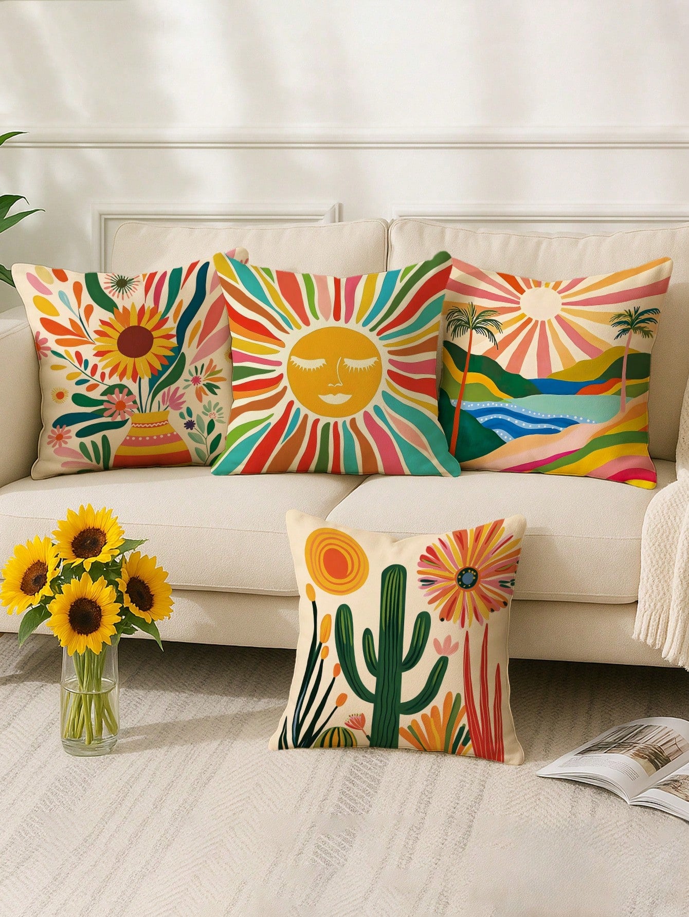 1/4pcs Floral Sunrise Cactus Throw Pillow Covers Bohemian Abstract Yellow Green Blue Pillowcases One Sided Printing Velvet For Living Room Bedroom Sofa Bed Decor Without Pillow Inserts,Fall Decor,Autu