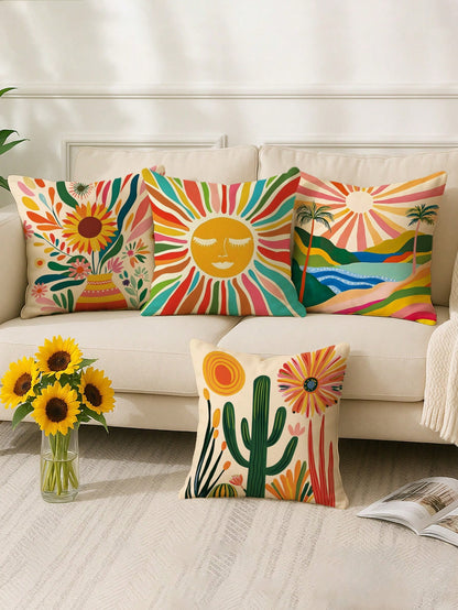 1/4pcs Floral Sunrise Cactus Throw Pillow Covers Bohemian Abstract Yellow Green Blue Pillowcases One Sided Printing Velvet For Living Room Bedroom Sofa Bed Decor Without Pillow Inserts,Fall Decor,Autu