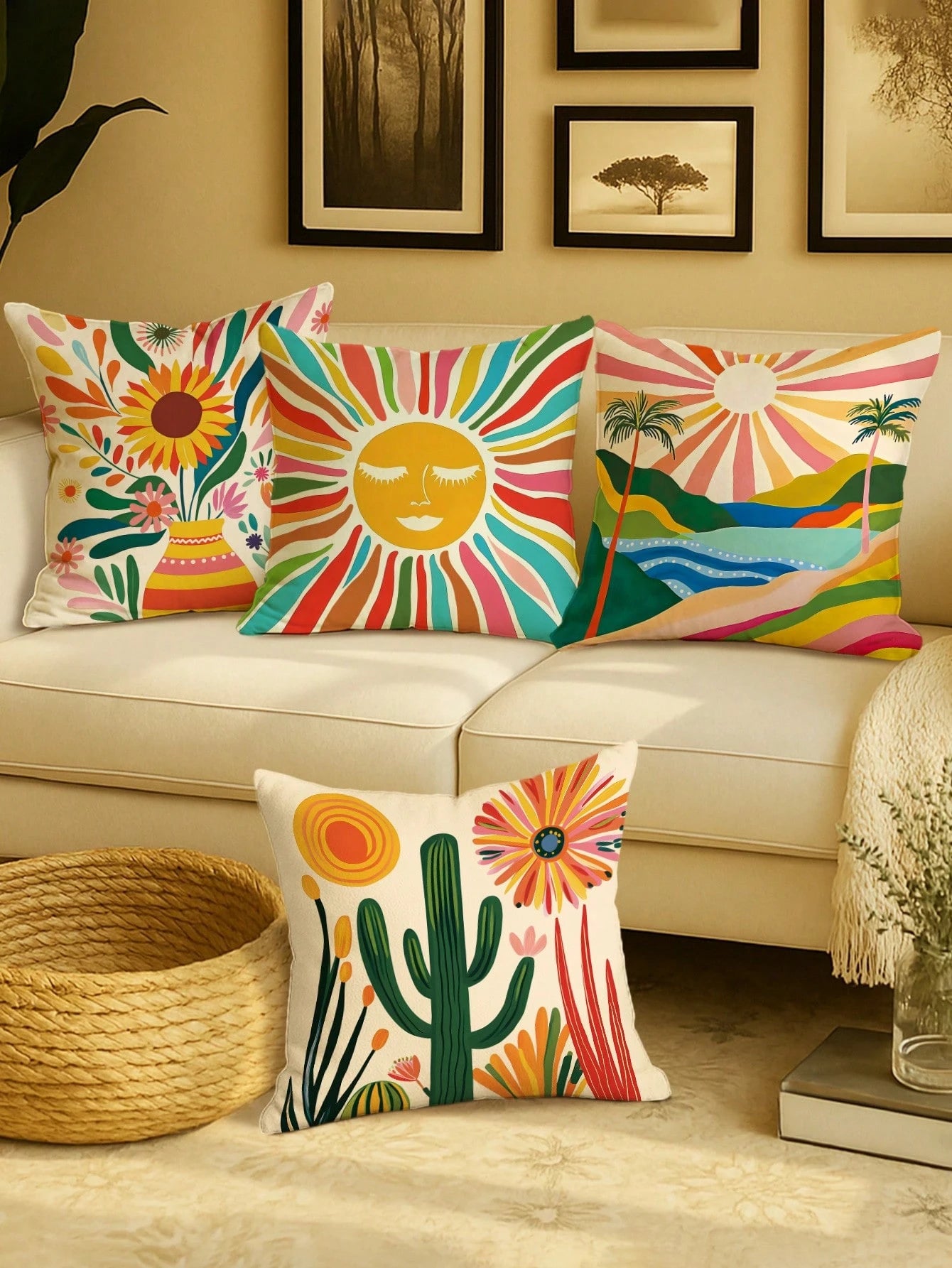 1/4pcs Floral Sunrise Cactus Throw Pillow Covers Bohemian Abstract Yellow Green Blue Pillowcases One Sided Printing Velvet For Living Room Bedroom Sofa Bed Decor Without Pillow Inserts,Fall Decor,Autu