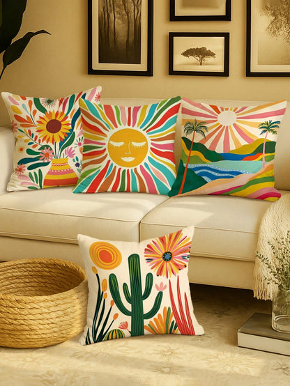 1/4pcs Floral Sunrise Cactus Throw Pillow Covers Bohemian Abstract Yellow Green Blue Pillowcases One Sided Printing Velvet For Living Room Bedroom Sofa Bed Decor Without Pillow Inserts,Fall Decor,Autu