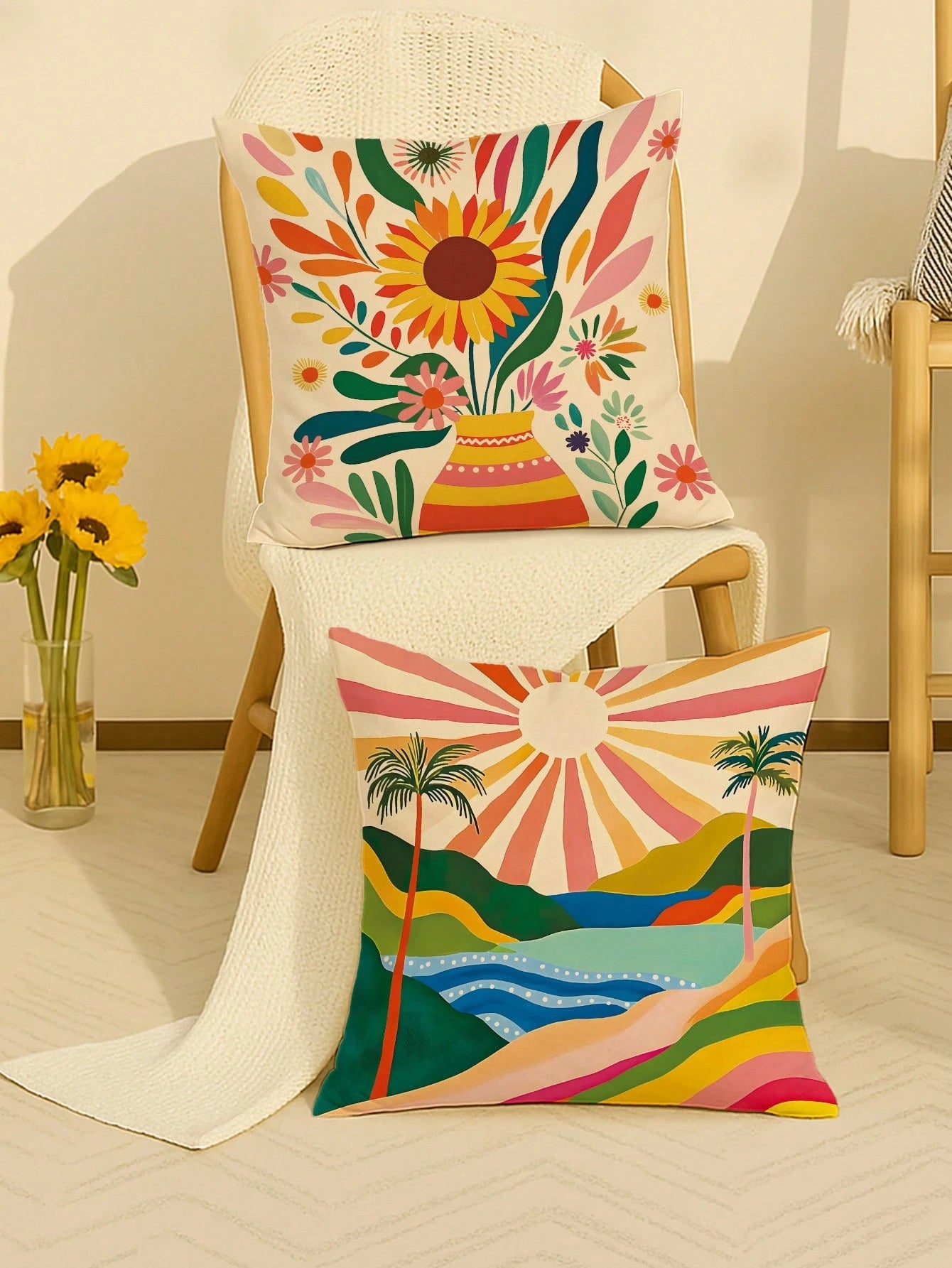 1/4pcs Floral Sunrise Cactus Throw Pillow Covers Bohemian Abstract Yellow Green Blue Pillowcases One Sided Printing Velvet For Living Room Bedroom Sofa Bed Decor Without Pillow Inserts,Fall Decor,Autu