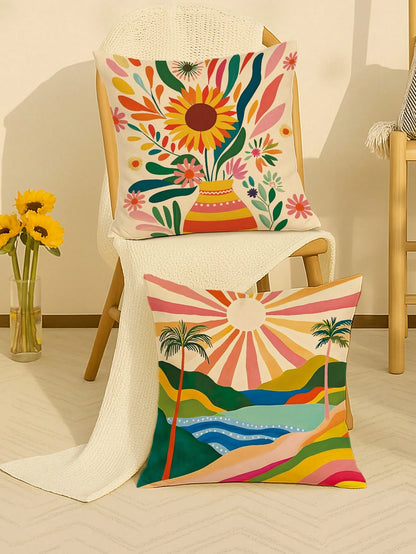 1/4pcs Floral Sunrise Cactus Throw Pillow Covers Bohemian Abstract Yellow Green Blue Pillowcases One Sided Printing Velvet For Living Room Bedroom Sofa Bed Decor Without Pillow Inserts,Fall Decor,Autu