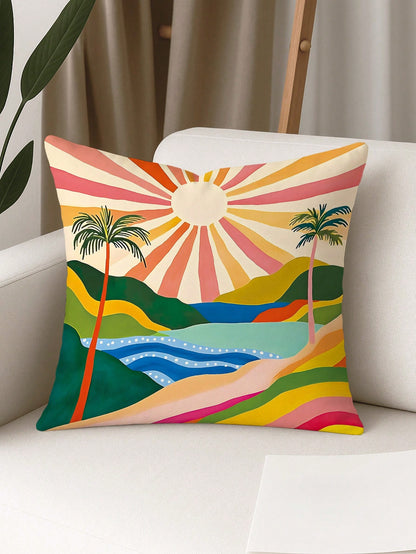 1/4pcs Floral Sunrise Cactus Throw Pillow Covers Bohemian Abstract Yellow Green Blue Pillowcases One Sided Printing Velvet For Living Room Bedroom Sofa Bed Decor Without Pillow Inserts,Fall Decor,Autu