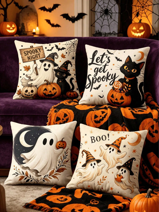 1/4pcs New Halloween Pattern Pillowcase, Halloween-Themed Cushion Cover, Decorative Pillowcase, Square Pillowcase, Halloween Decoration, Decorative Pillow, Suitable For Living Room, Sofa, And Bedroom