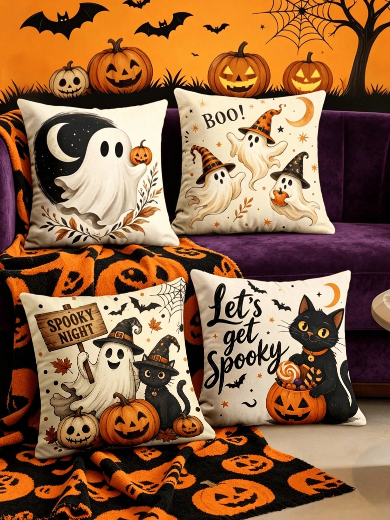 1/4pcs New Halloween Pattern Pillowcase, Halloween-Themed Cushion Cover, Decorative Pillowcase, Square Pillowcase, Halloween Decoration, Decorative Pillow, Suitable For Living Room, Sofa, And Bedroom