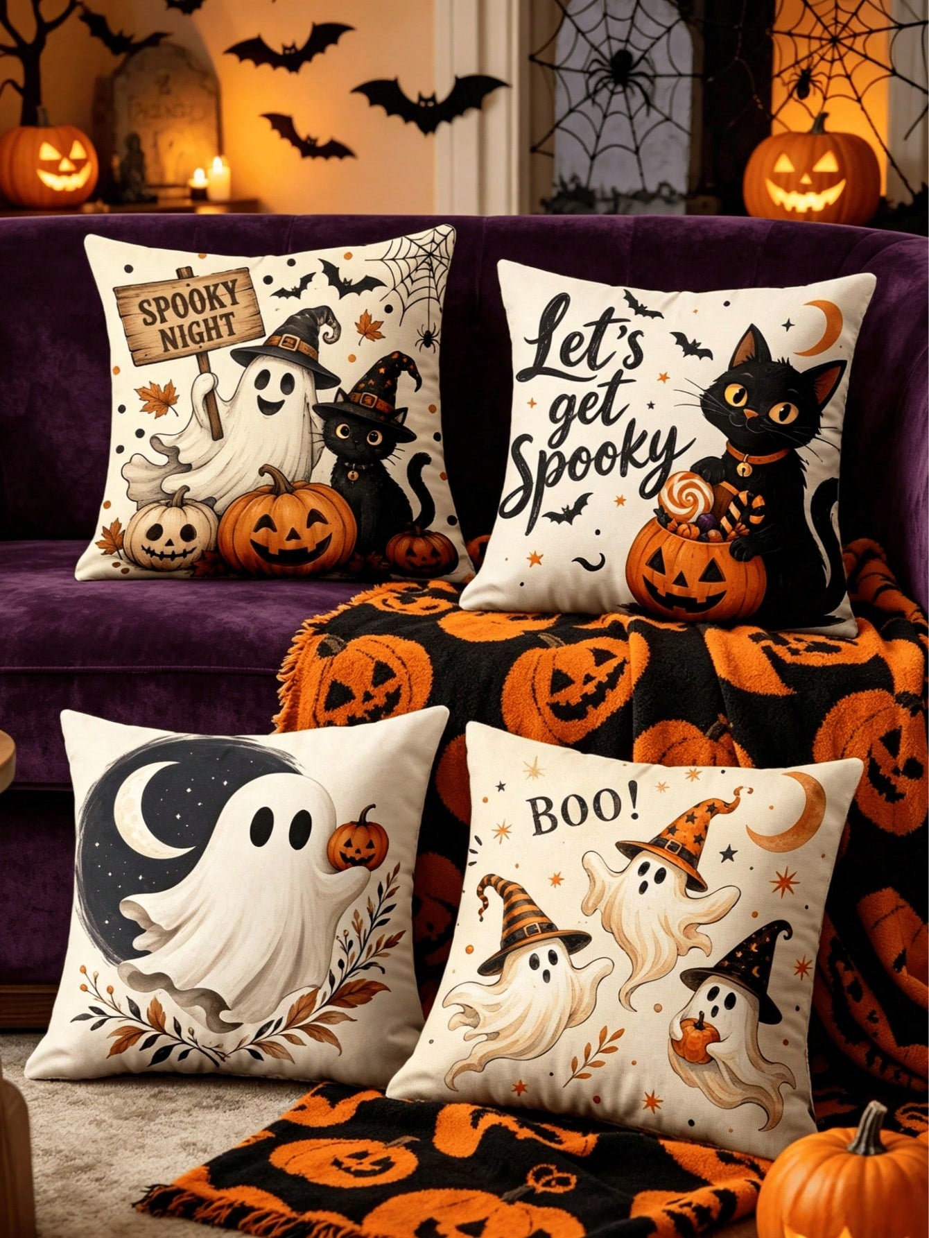 1/4pcs New Halloween Pattern Pillowcase, Halloween-Themed Cushion Cover, Decorative Pillowcase, Square Pillowcase, Halloween Decoration, Decorative Pillow, Suitable For Living Room, Sofa, And Bedroom