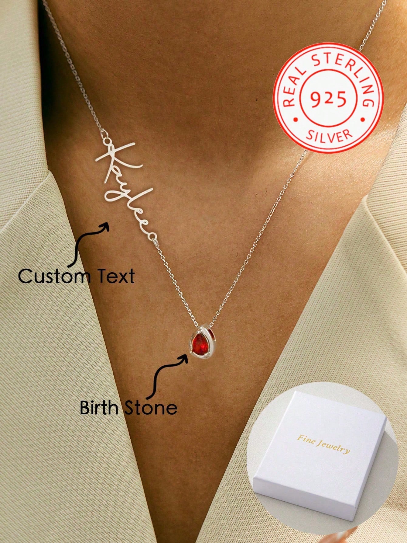 1 925 Silver Personalized Custom English Letter Name Birthstone Artificial Zirconia Pendant Necklace, Elegant And Romantic, Bohemian Style With Accessories, Suitable For Valentine's Day, Birthdays, An