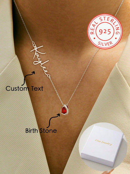 1 925 Silver Personalized Custom English Letter Name Birthstone Artificial Zirconia Pendant Necklace, Elegant And Romantic, Bohemian Style With Accessories, Suitable For Valentine's Day, Birthdays, An