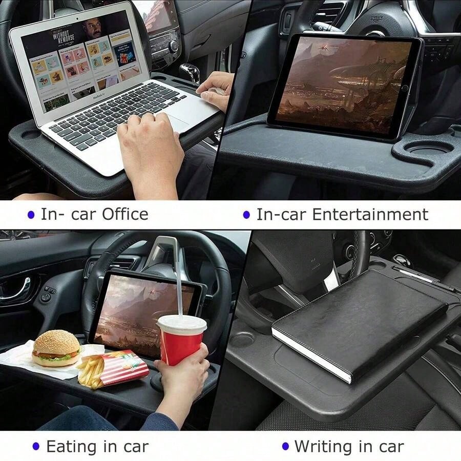 1 Car Tray Table- Double-Sided Adjustable, Car Steering Wheel Table, Multi-Purpose Travel Car Accessory, Multi-Function Drink/Food Holder- In-Car Dining, Work And Video Recording, Steering Wheel Des