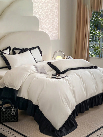 1 Duvet Cover + 2 Pillowcases 3 Pieces Set, White & Black Ruffled Soft & Comfortable, Suitable For Bedroom & Guest Room, Machine Washable, All Season