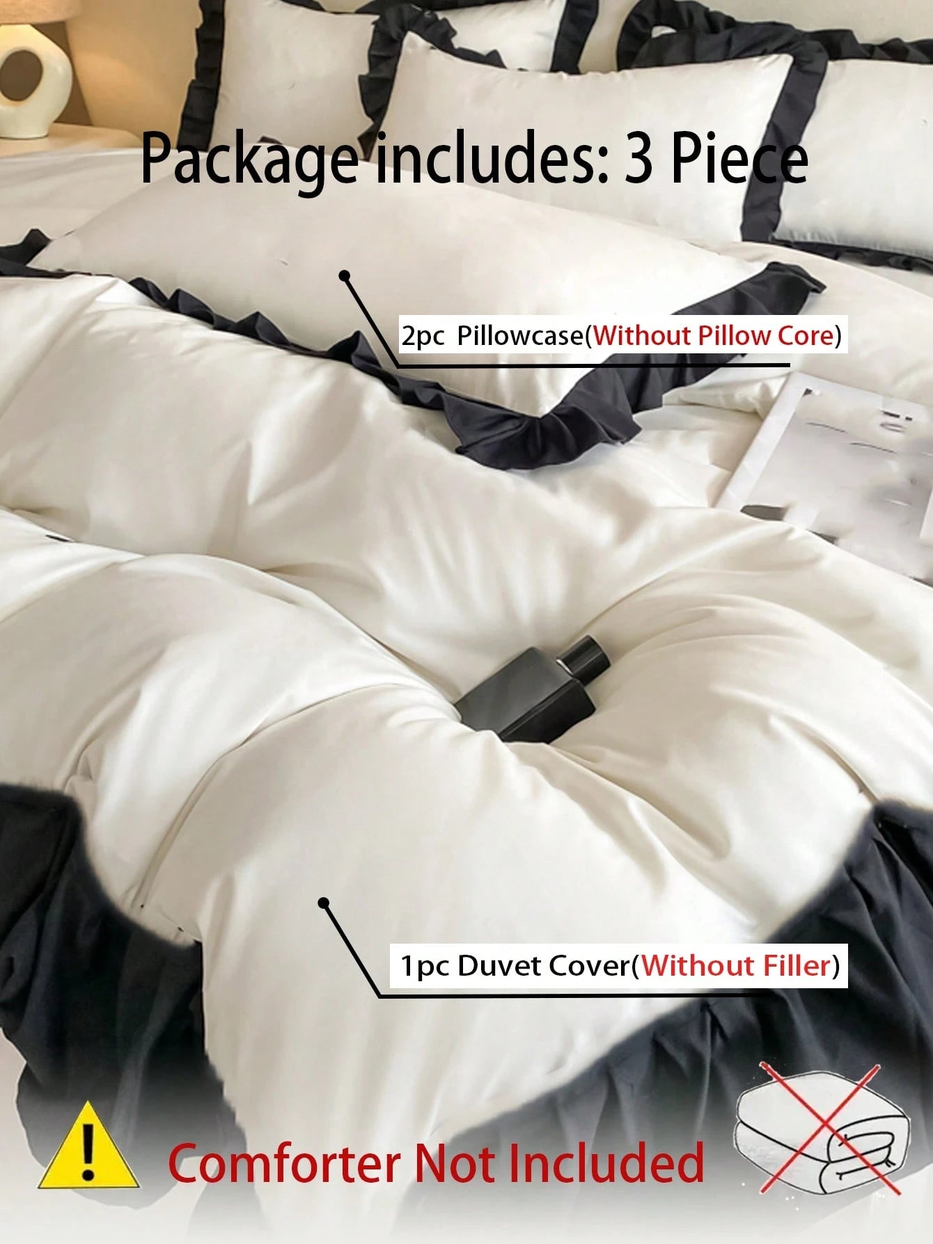 1 Duvet Cover + 2 Pillowcases 3 Pieces Set, White & Black Ruffled Soft & Comfortable, Suitable For Bedroom & Guest Room, Machine Washable, All Season