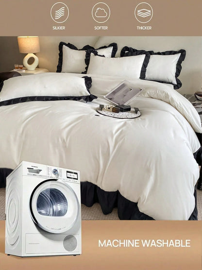 1 Duvet Cover + 2 Pillowcases 3 Pieces Set, White & Black Ruffled Soft & Comfortable, Suitable For Bedroom & Guest Room, Machine Washable, All Season