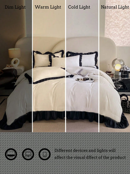 1 Duvet Cover + 2 Pillowcases 3 Pieces Set, White & Black Ruffled Soft & Comfortable, Suitable For Bedroom & Guest Room, Machine Washable, All Season
