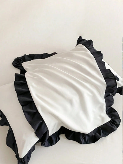 1 Duvet Cover + 2 Pillowcases 3 Pieces Set, White & Black Ruffled Soft & Comfortable, Suitable For Bedroom & Guest Room, Machine Washable, All Season