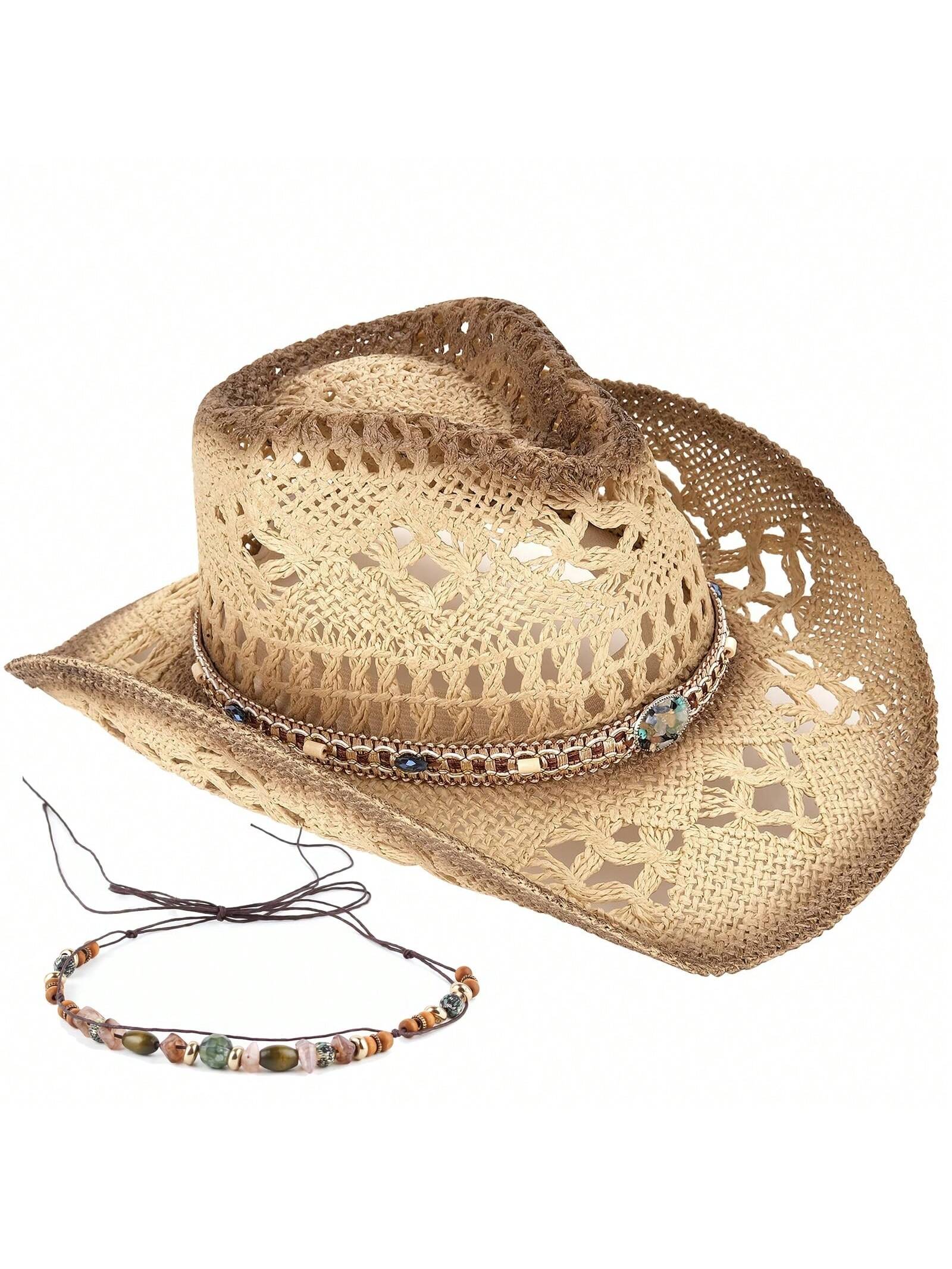 1 Hat And 2 Decorations Unisex Bead Decor Cowgirl Hat Hollow Out Summer Travel Shade Cowboy Hat Dyeing Wide Brim Printed Breathable With Beaded Trim Band Hand Woven Beach Hat Fedora Sun Hat Straw Hat