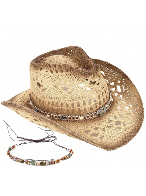 1 Hat And 2 Decorations Unisex Bead Decor Cowgirl Hat Hollow Out Summer Travel Shade Cowboy Hat Dyeing Wide Brim Printed Breathable With Beaded Trim Band Hand Woven Beach Hat Fedora Sun Hat Straw Hat