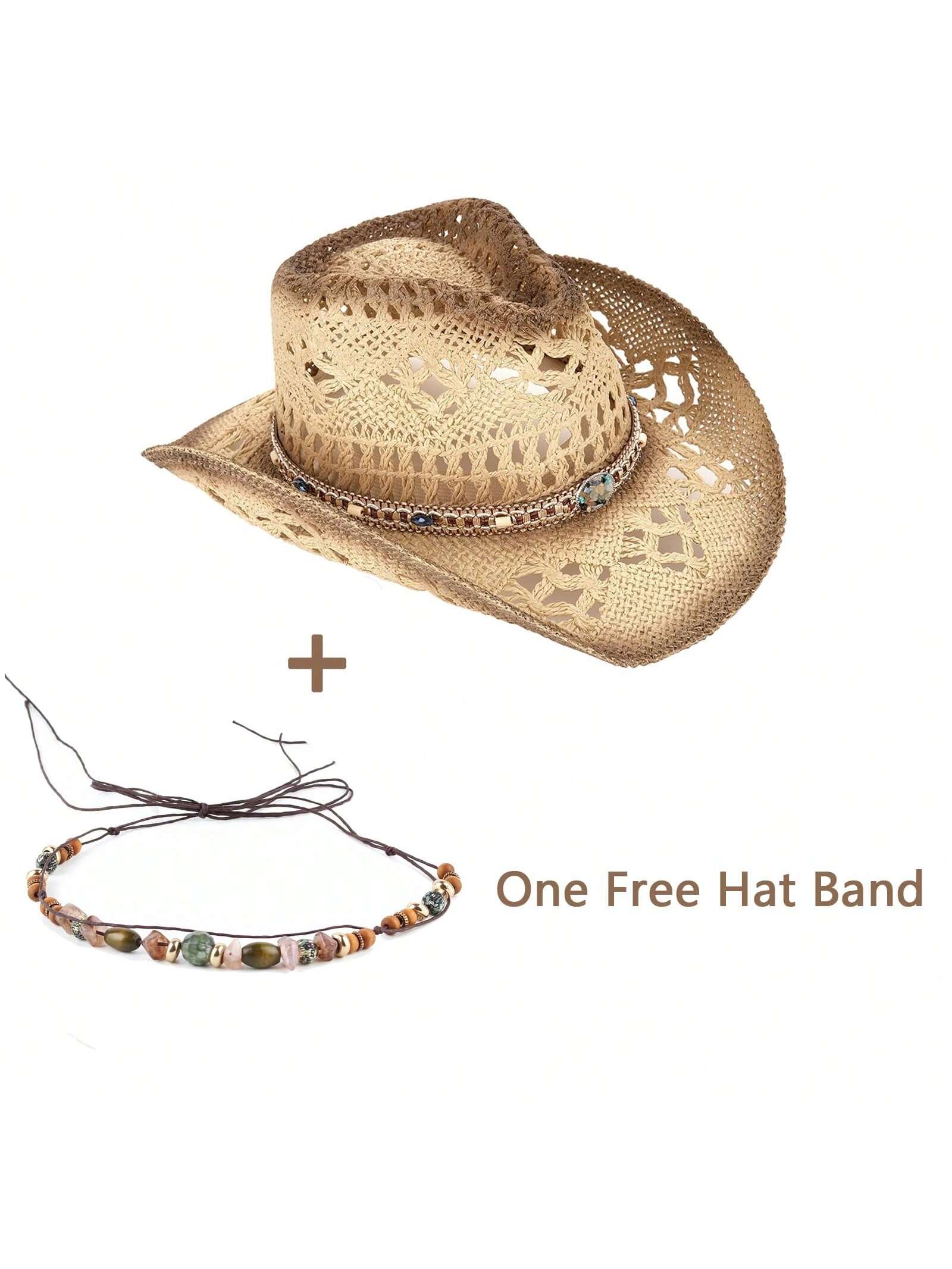 1 Hat And 2 Decorations Unisex Bead Decor Cowgirl Hat Hollow Out Summer Travel Shade Cowboy Hat Dyeing Wide Brim Printed Breathable With Beaded Trim Band Hand Woven Beach Hat Fedora Sun Hat Straw Hat