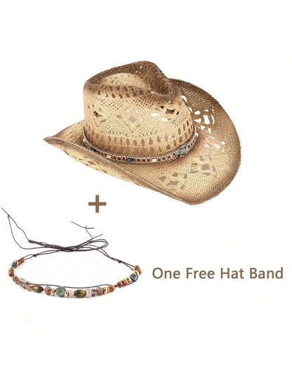 1 Hat And 2 Decorations Unisex Bead Decor Cowgirl Hat Hollow Out Summer Travel Shade Cowboy Hat Dyeing Wide Brim Printed Breathable With Beaded Trim Band Hand Woven Beach Hat Fedora Sun Hat Straw Hat