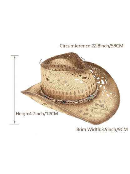 1 Hat And 2 Decorations Unisex Bead Decor Cowgirl Hat Hollow Out Summer Travel Shade Cowboy Hat Dyeing Wide Brim Printed Breathable With Beaded Trim Band Hand Woven Beach Hat Fedora Sun Hat Straw Hat