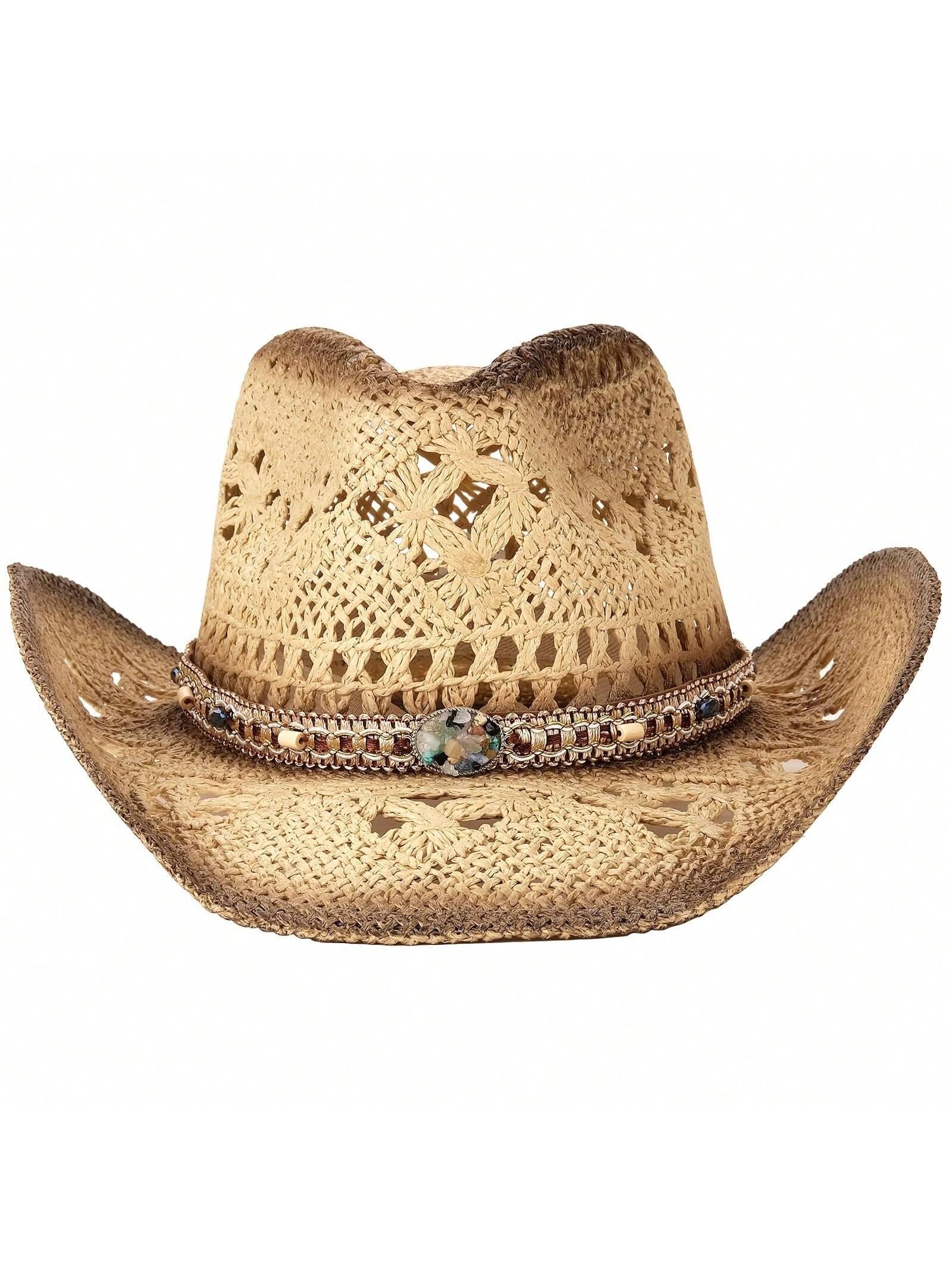 1 Hat And 2 Decorations Unisex Bead Decor Cowgirl Hat Hollow Out Summer Travel Shade Cowboy Hat Dyeing Wide Brim Printed Breathable With Beaded Trim Band Hand Woven Beach Hat Fedora Sun Hat Straw Hat